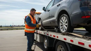 A mechanic is holding the repossessed car on an open truck
