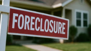Foreclosure sign front of house warns of eviction notice due to debt issues creating stressful situation for homeowners facing financial challenges