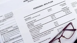 401k and retirement paperwork with a pair of glasses on top